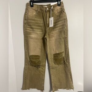 Zenana Mid-Rise Straight Distressed Knee and Hem Cropped Jeans Olive/Khaki Color